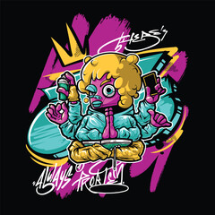 A vibrant and colorful graffiti-style vector illustration featuring a street art character