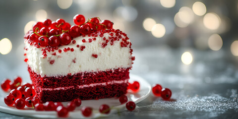 Red Velvet Cake Slice with Currants and Bokeh Lights