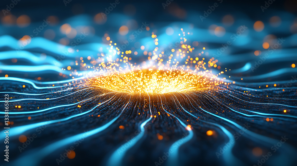 Poster a vibrant explosion of golden light surrounded by flowing blue waves, creating a dynamic and energet