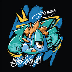 A vibrant and colorful graffiti-style vector illustration featuring a street art character