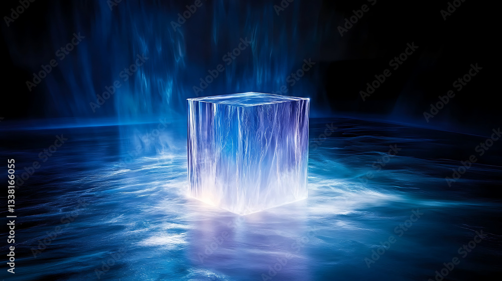 Poster a glowing ice cube surrounded by shimmering blue water, creating a captivating, ethereal atmosphere