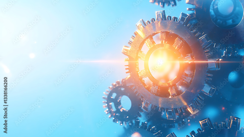 Poster A close-up view of interconnected gears illuminated by a bright light, symbolizing precision and mechanics in technology