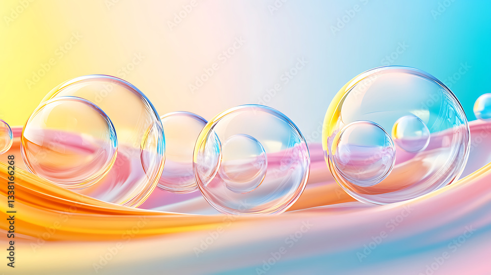 Poster colorful soap bubbles floating on a soft gradient background, creating a dreamy, whimsical atmospher