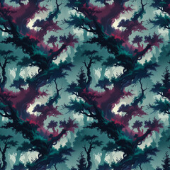 Fototapeta premium Fantasy Forest Landscape, Dark and Mysterious, Seamless Pattern, Magical or Enchanted Woods Representation