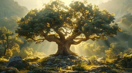 A large tree is surrounded by rocks and grass
