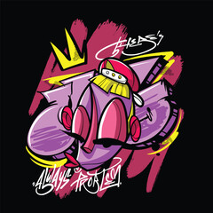 A vibrant and colorful graffiti-style vector illustration featuring a street art character