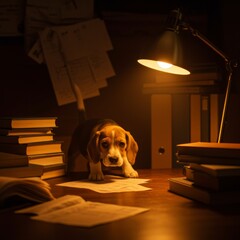 Adorable puppy, a young canine sitting in a book room Generative AI