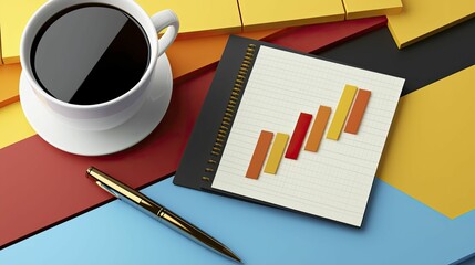 A tranquil desk scene with a notepad, pen, and a coffee cup next to a smartphone displaying stock market trends.