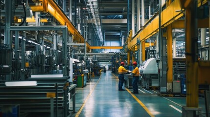 A busy industrial factory floor with workers and machinery, showcasing a well-organized manufacturing environment.