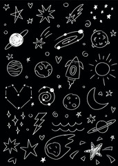 Hand-drawn doodles of space elements, including planets, stars, and a rocket. chalk on blackboard style.