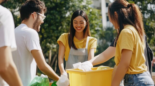 Group of young people volunteering outdoors, smiling while cleaning up, wearing casual clothes and gloves, with a yellow bucket and bottles around them.