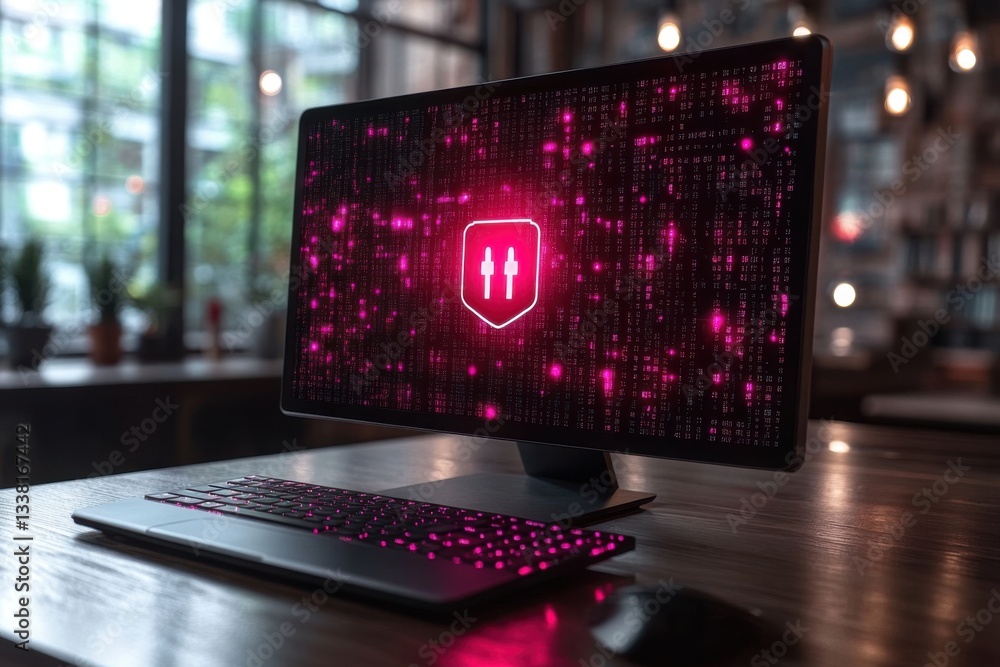 Poster cybersecurity: digital shield protecting user data on computer screen
