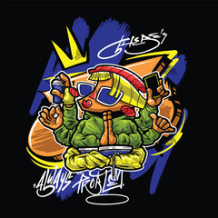 A vibrant and colorful graffiti-style vector illustration featuring a street art character