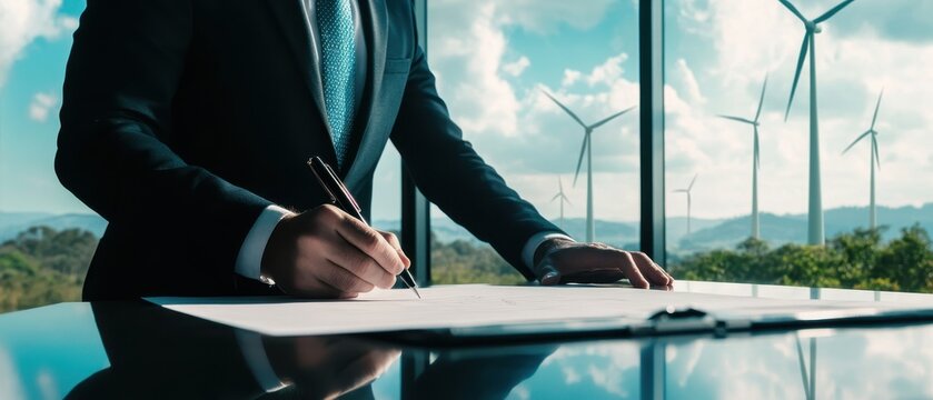 A businessman signs documents in an office with a view of wind turbines, showcasing sustainability and corporate environment.