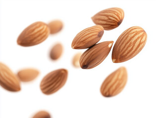 Fresh alomonds flying around, nutritious, tasty and healthy. 
