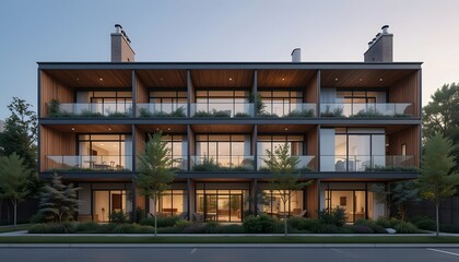 Fototapeta premium A modern multi-story building featuring large windows, wooden accents, and greenery, set against a twilight backdrop.
