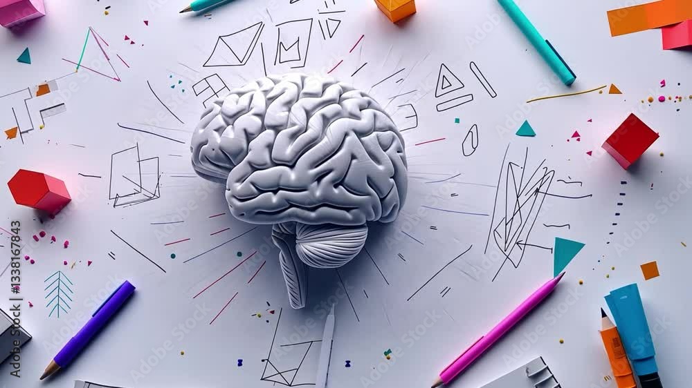 Aufkleber creative representation of brain surrounded by colorful geometric shapes and sketches, symbolizing i