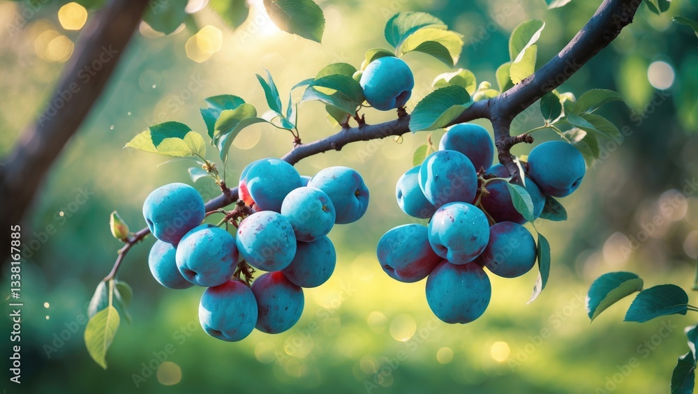 Aufkleber a plum tree in the garden. branch of plums with ripe fruits in the orchard. natural background with 