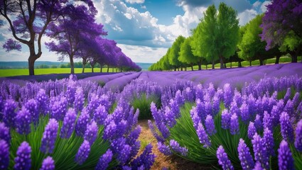 A breathtaking lavender field in full bloom, featuring vibrant purple rows extending to the horizon.