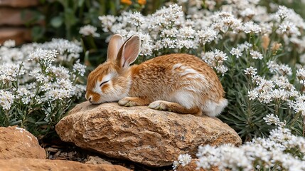 Adorable Sleeping Rabbit in Garden