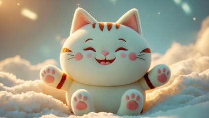 A charming and cuddly cat-shaped plush toy featuring a happy face and outstretched arms, ideal for snuggling and enhancing the appeal of any room.