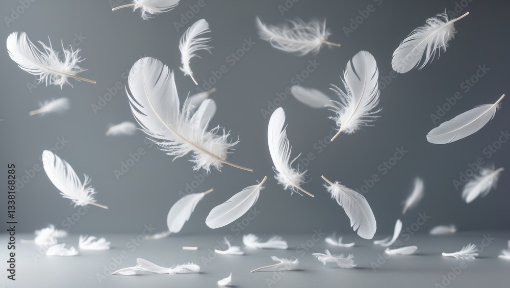 Poster abstract white bird feathers drifting in the air. softness of feathers. feathers on background.