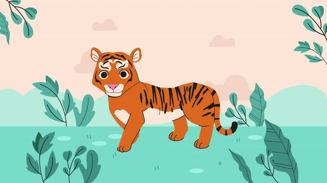 Cute baby tiger in a jungle landscape 2d
