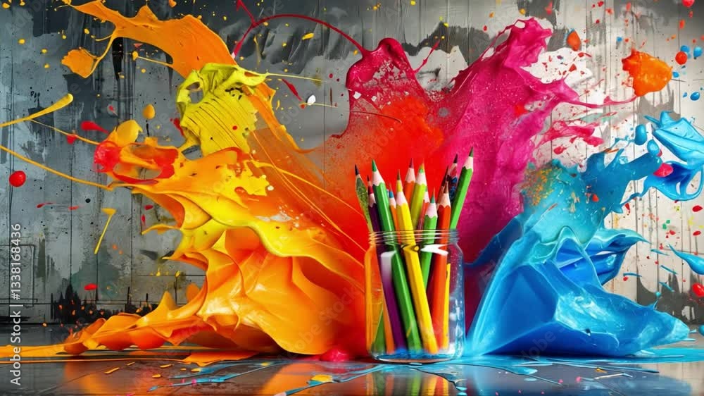 Poster vibrant explosion of colorful paint splashes surrounding jar filled with colored pencils creating dy