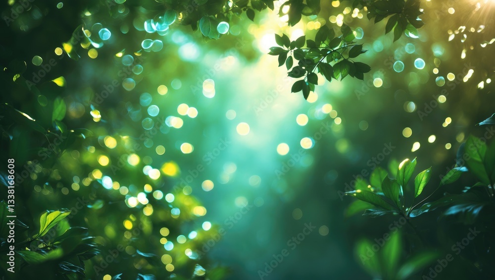 Poster bokeh effect of vibrant leaves illuminated by sunlight. natural green backdrop. blurred dense greene