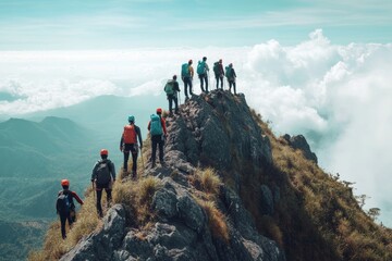 Group of people on peak mountain climbing helping team work , travel trekking success business concept