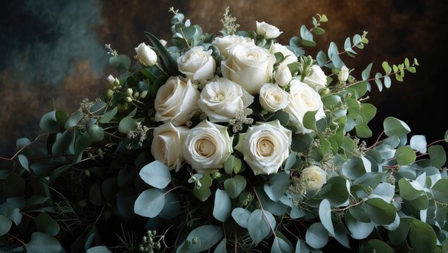 A stunning wedding bouquet for the bride, featuring white rose and austoma flowers, along with green eucalyptus leaves.