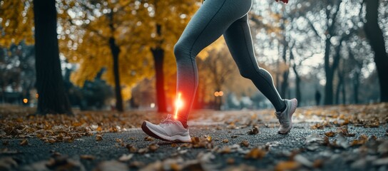 A woman running with a red leg bandage