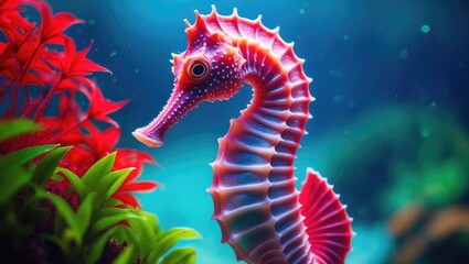 Obraz premium A mature adult long snout seahorse in pink, viewed from the side profile.