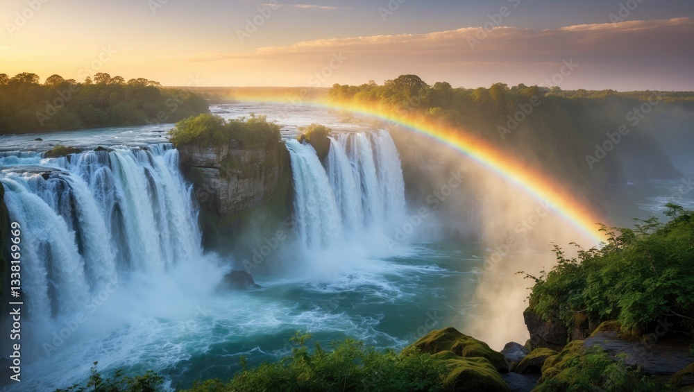 Poster panorama image of a waterfall on the river with very high flow viewed from a viewpoint in late eveni