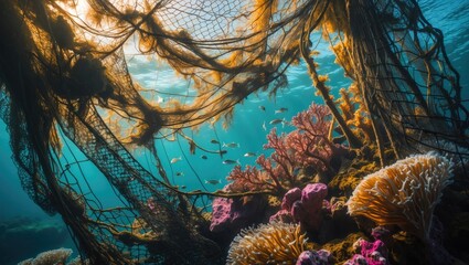 Obraz premium Abandoned ghost fishing net on coral reef.