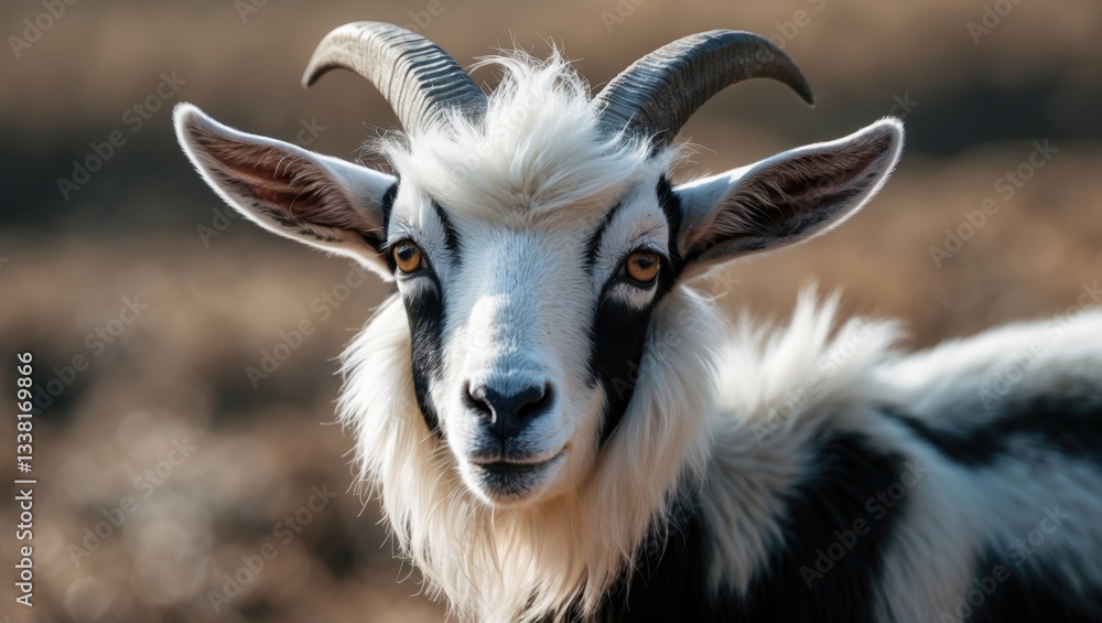 Poster a goat with a long beard and a coat of black and white. it appears to have a curious look on its fac