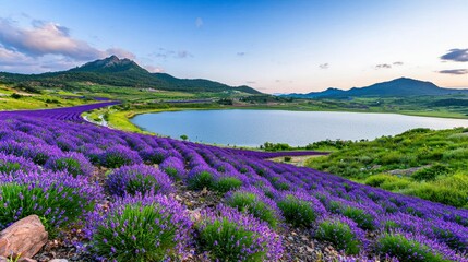 Obraz premium Lavender Field and Serene Lake Landscape Under a Clear Blue Sky