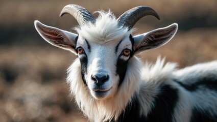 A goat with a long beard and a coat of black and white. It appears to have a curious look on its face.