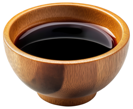 Soy sauce in small wooden bowl isolated on transparent background.
