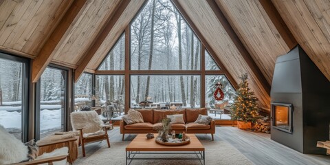 A cozy living room with a wintery forest view indoors