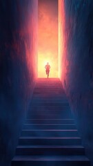 A person running up stairs towards a bright light flat design side view personal growth theme 3D render colored pastel
