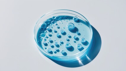 Fototapeta premium Abstract petri dish containing cosmetic or medical liquid on a white background from a top perspective. Science cosmetic laboratory theme.