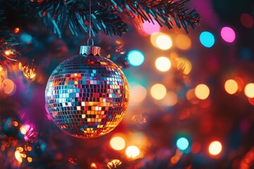Disco ball ornament hanging on pine tree with vibrant bokeh background. Great for holiday cards, festive ads, or Christmas website banners.