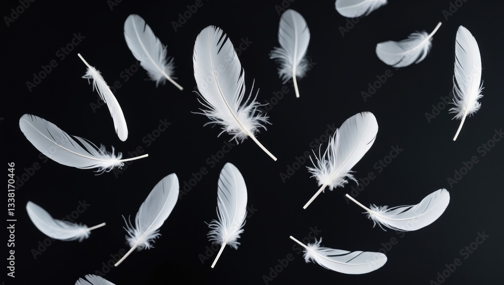 Poster abstract white bird feathers descending in the air. floating feathers. softness of feather against b