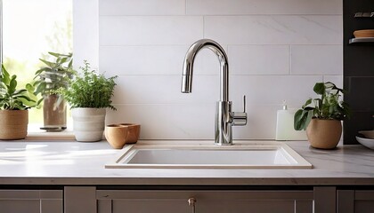 Modern Kitchen Sink Design Chrome Faucet White Countertop Minimalist Decor 