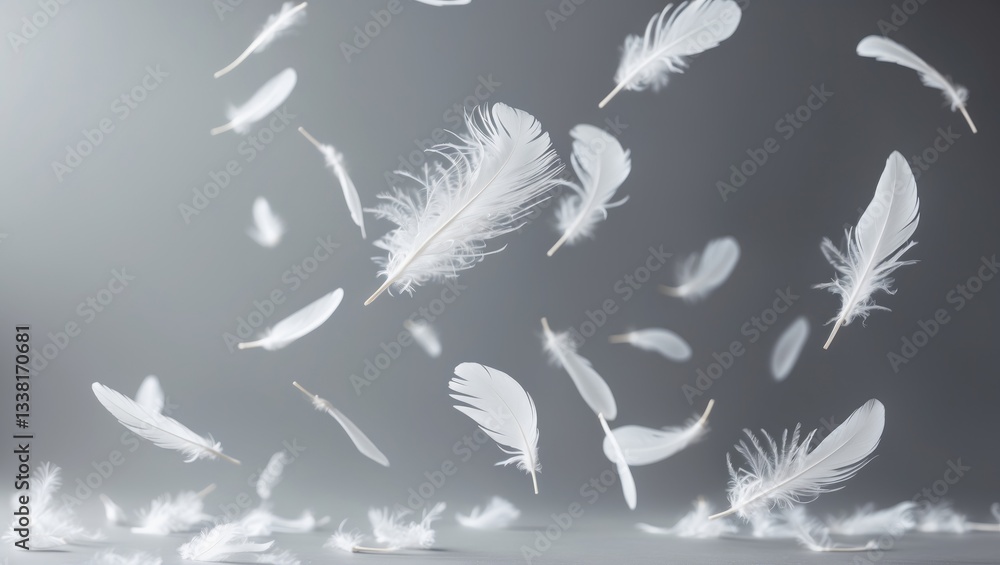 Poster abstract white bird feathers descending in the air. softness of feathers. feather on background.