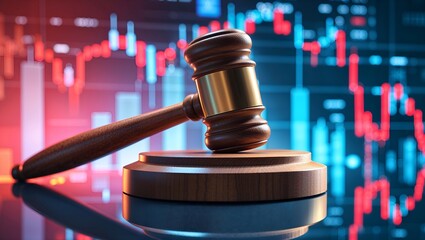 Hammer of Justice: A gavel rests on a wooden block against a blurred backdrop of financial data, symbolizing law and the justice system.