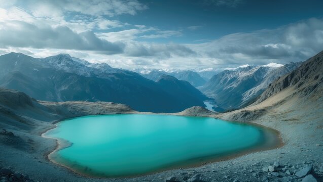 A turquoise lake set amid mountainous terrain.