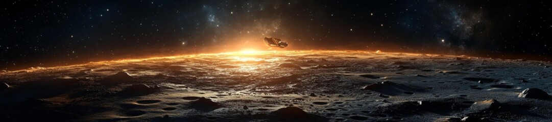 Fototapeta premium Glowing Spacecraft Orbiting the Moon in a Deep Space Background. Generative AI