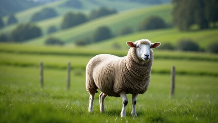 Fototapeta premium A solitary joyful sheep in a verdant pasture, representing sustainable wool production and animal care with respect for welfare while traveling.